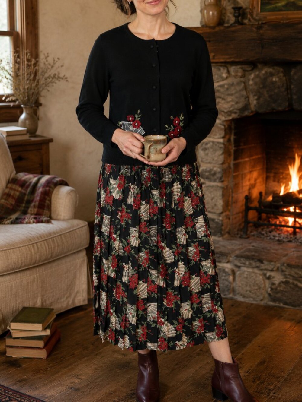 Susan Bristol VTG sweater pleated skirt set holiday with floral red black SZ 10